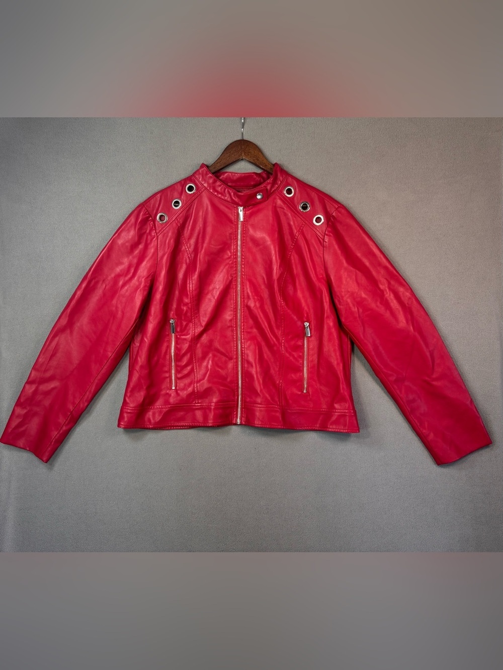 🍒 New York & Company Cherry Red Faux Leather Moto Zip Jacket w/ Grommets, XXL🍒